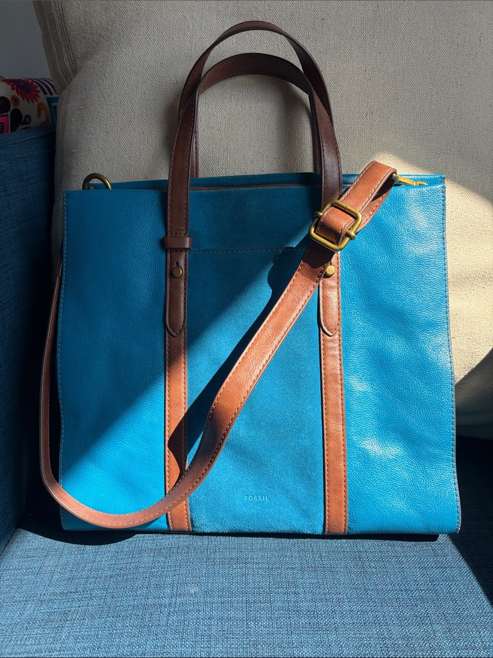 Fossil Turquoise Leather Tote with Brown Straps